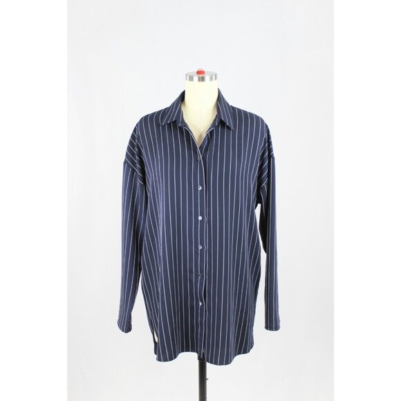 Aritzia BABATON Kearney Navy Striped Matte Satin Button-Up Shirt, Size S - Picture 1 of 11